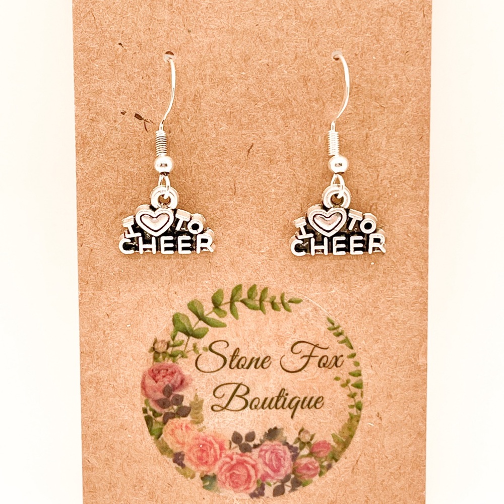 .925 Sterling Silver Hook Wire Earrings with “I 💜 To Cheer” Novelty Charms.